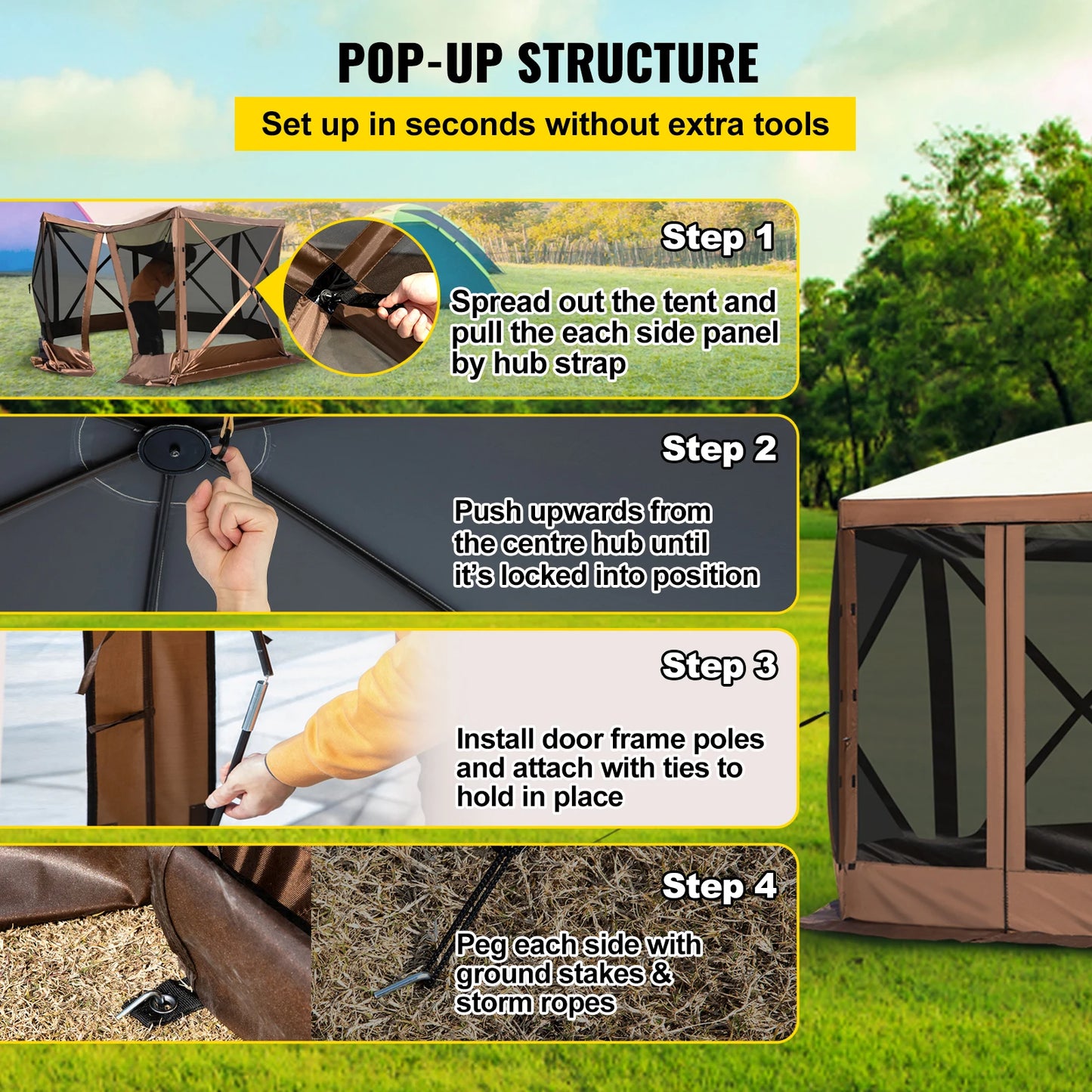 VEVOR Pop-up Camping Gazebo Camping Canopy Shelter 6 Sided 12' x 12' / 10' x 10' Sun Shade Tents & Canopies Camping & Hiking
