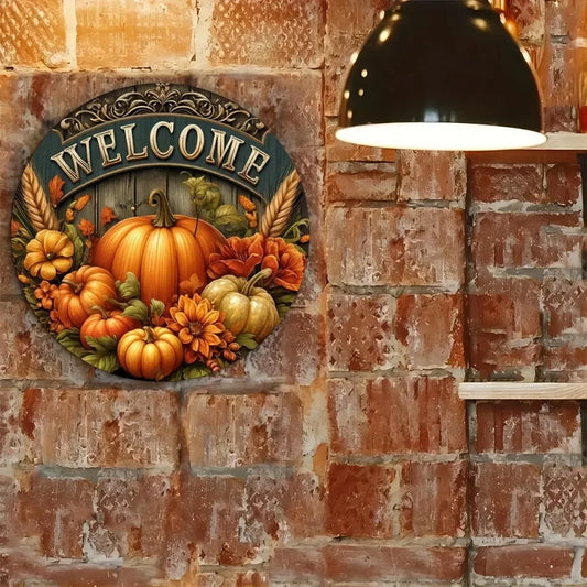 Tin Painting - 8" Round Metal Sign Welcome | Fall Harvest Festival & Thanksgiving Decor | Ideal for Home & Cafe Decorating