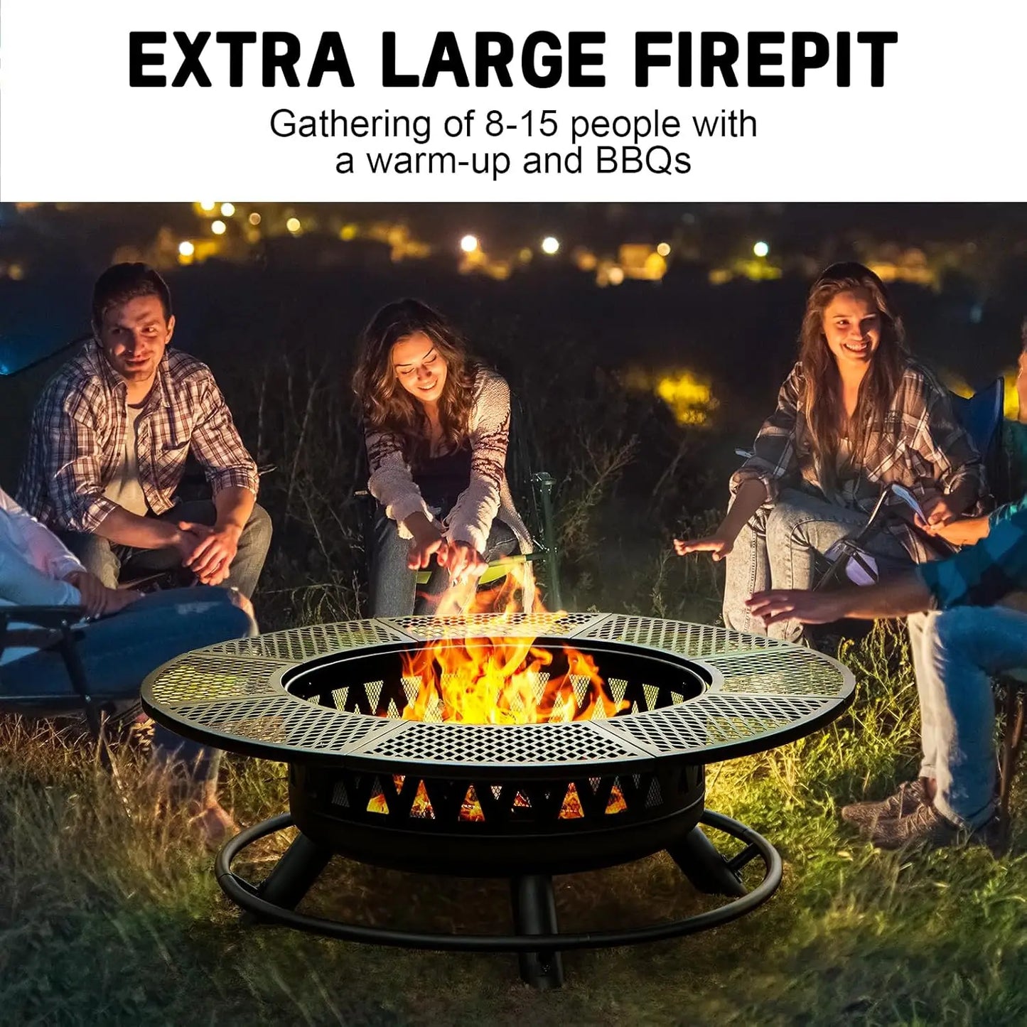 47Inch Fire Pit with 2Grills,Outdoor Extra Large Firepits for Outside,3-in-1 Round Metal Table with Lid for Backyard,Patio,Party