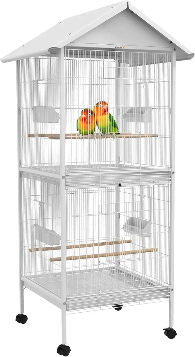 Wrought Metal Bird Cage Feeder with Rolling Stand Perches Food Containers Doors Wheels 67" H, White