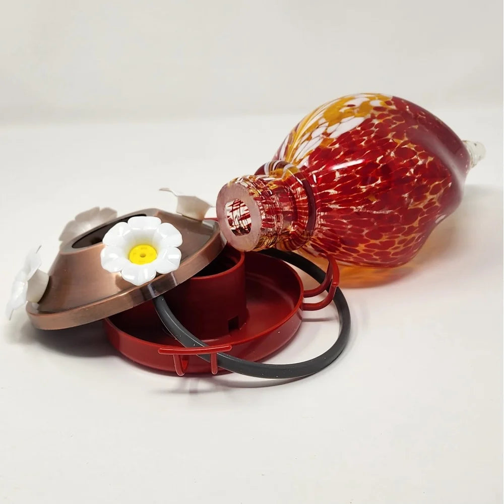 Hand-Blown Glass Hummingbird Feeder Unique Red Swirl Design Copper Base Durable Leak-Proof Easy Clean Garden Decor Gift