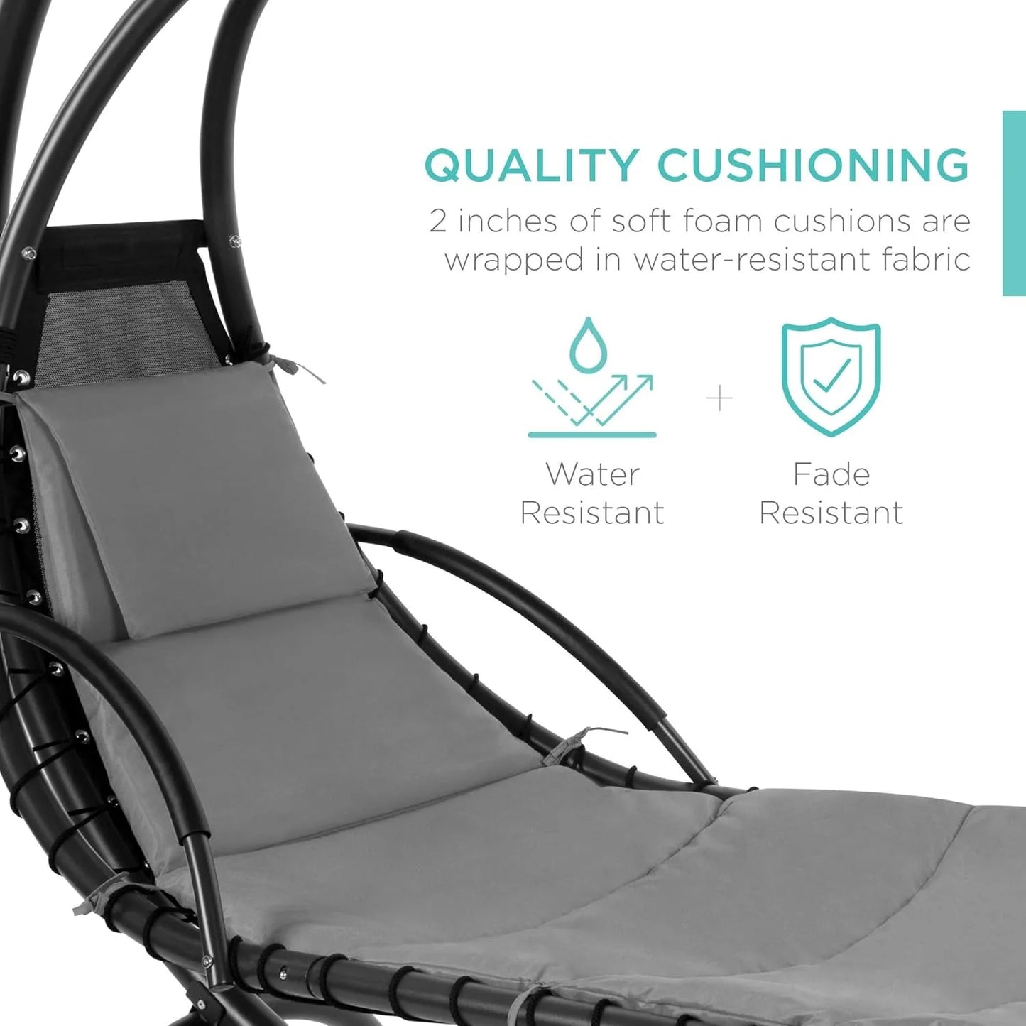 Outdoor Hanging Curved Steel Chaise Lounge Chair Swing w/Built-in Pillow and Removable Canopy - Charcoal Gray