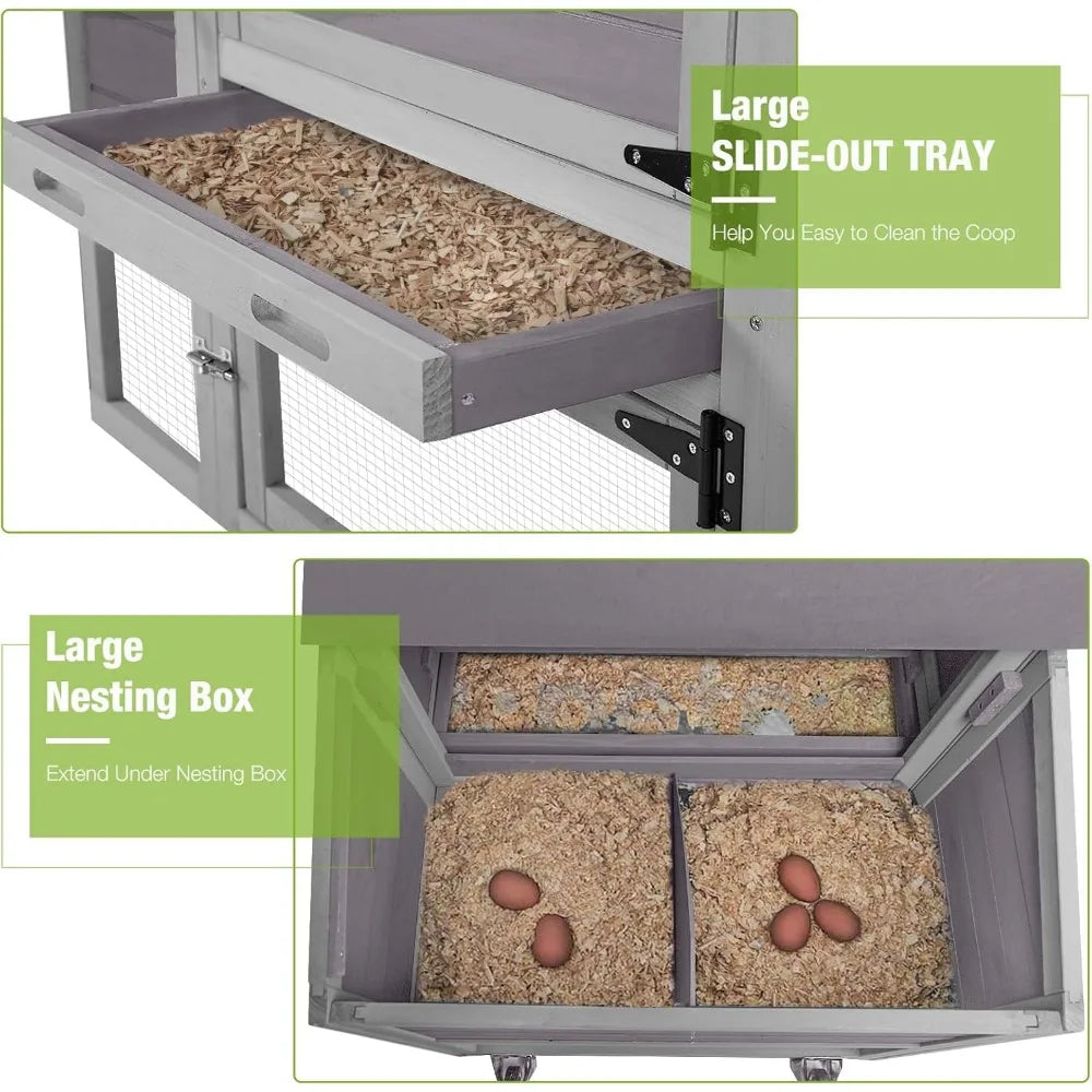 Chicken Coop On Wheels Chicken House Wooden Hen House Duck Coop with Large Nesting Box for 2-4 Chickens (Grey)