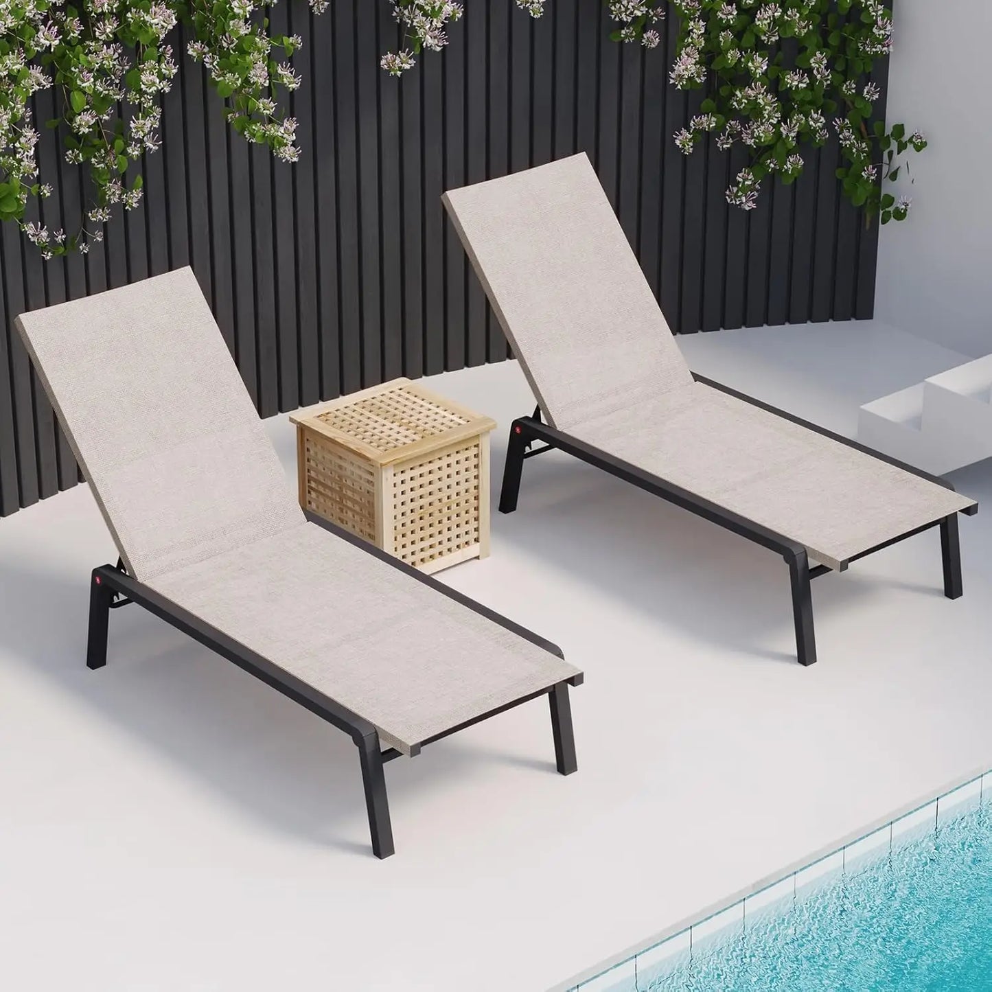 Patio Chaise Lounge Set of 2 with 4 Adjustable Backrest, Foldable Aluminum Chaise Lounge Chair Recliner, Sun Tanning Beige
