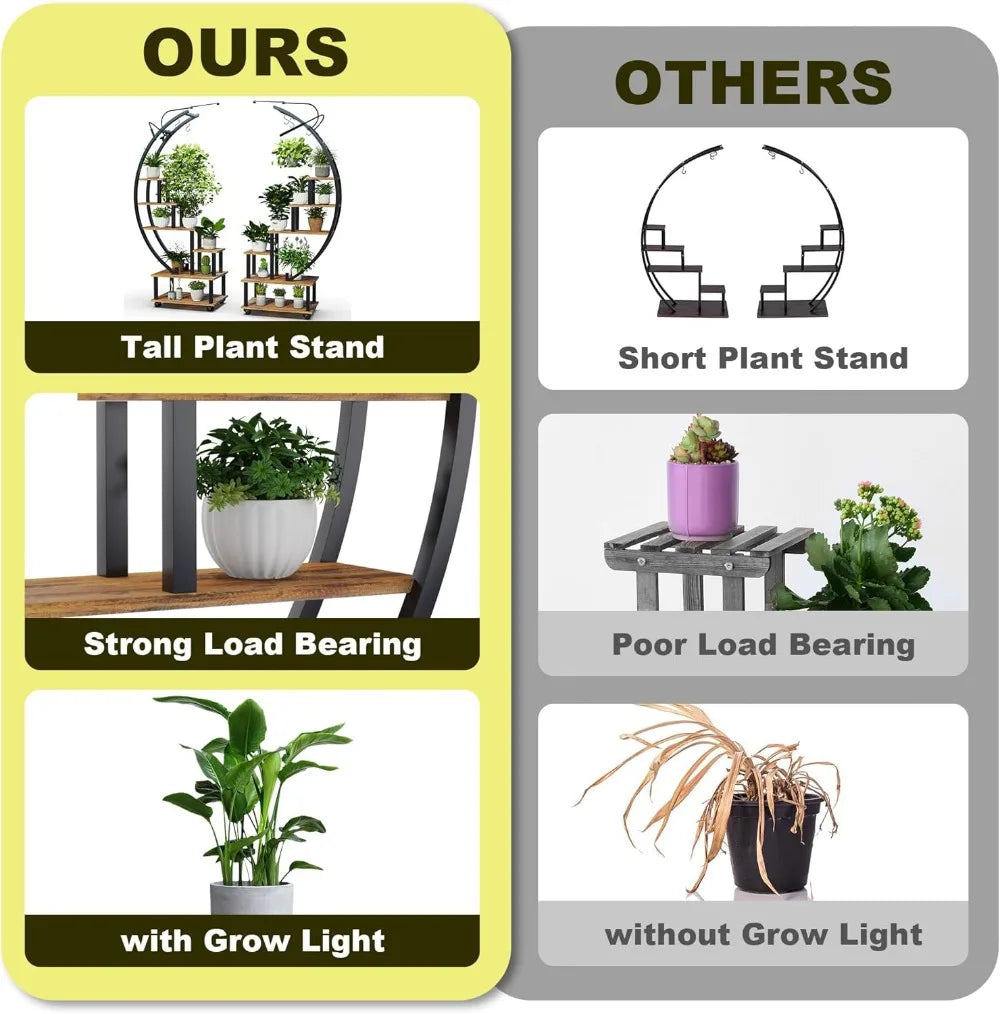 Plant Stand with Grow Light, 6 Tier Tall Plant Stand Indoor with 4 Hanging Hooks, Half Moon Shaped Ladder Plant Shelf Display