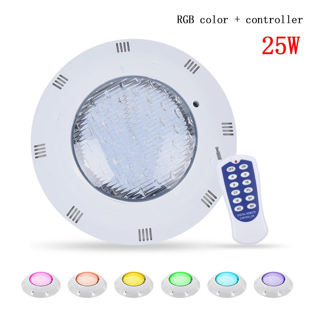 RGB LED Pool Light, 25W 2000LM, Remote Control, IP68 Waterproof, Adjustable Colors, Energy-Efficient for Bright and Safe Pool Li