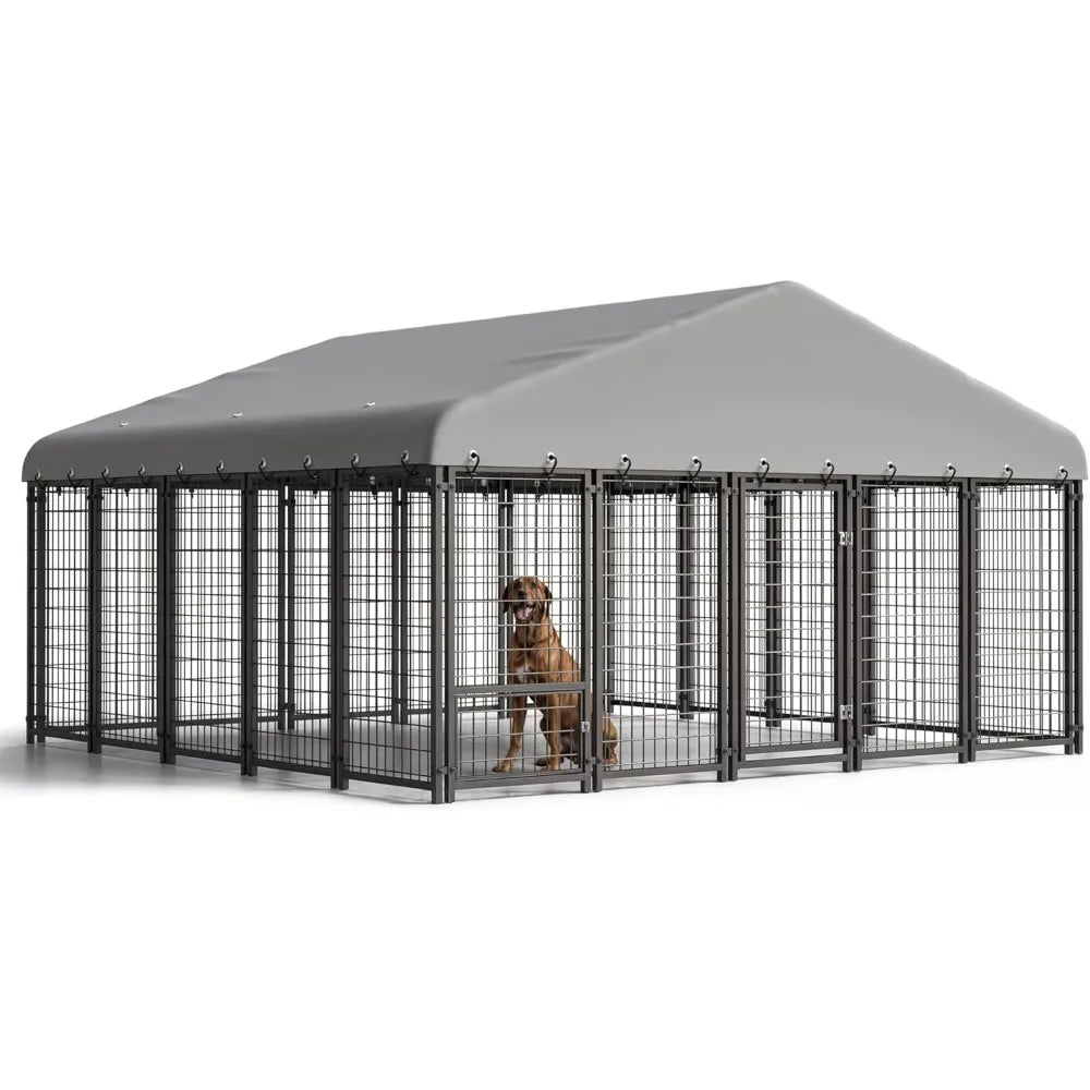 Dog Kennel 10X10FT Outside Heavy-Duty Outdoor Dog Cage with Roof and Double Lock - Spacious, Dog Crate for Pets with Feeding