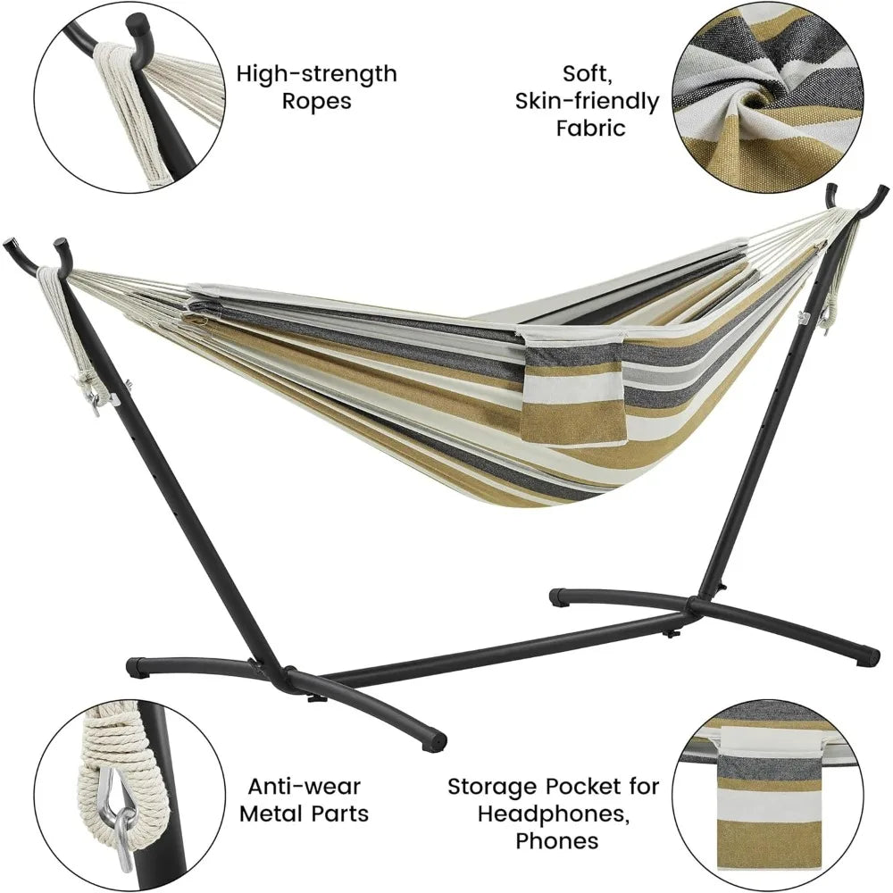 Double Hammock w/Stand, 2-People Hammock & Stand Set w/Storage Bag & Carrying Bag, Outdoor/Indoor Heavy-Duty Portable Hammock
