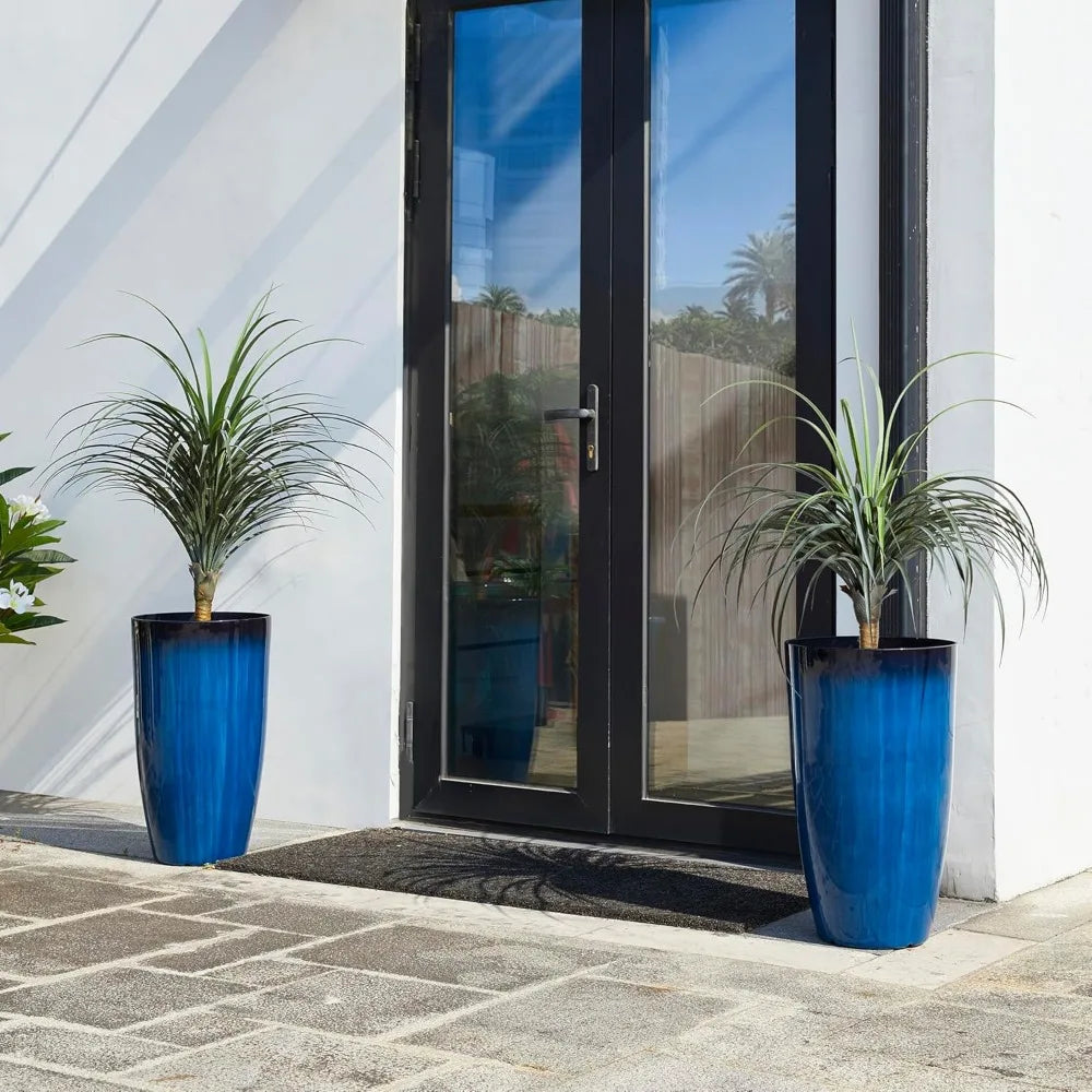 Oversized Tall Round Tapered Planter, Set of 2 Large Gradient Cobalt Blue Faux Ceramic Tall Planters Pots,