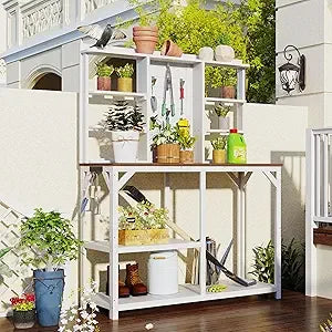 64.6" Garden Wood Workstation, Potting Bench Outdoor with 6-Tier Shelves Large Planting Table Potting Station with Side Hook and