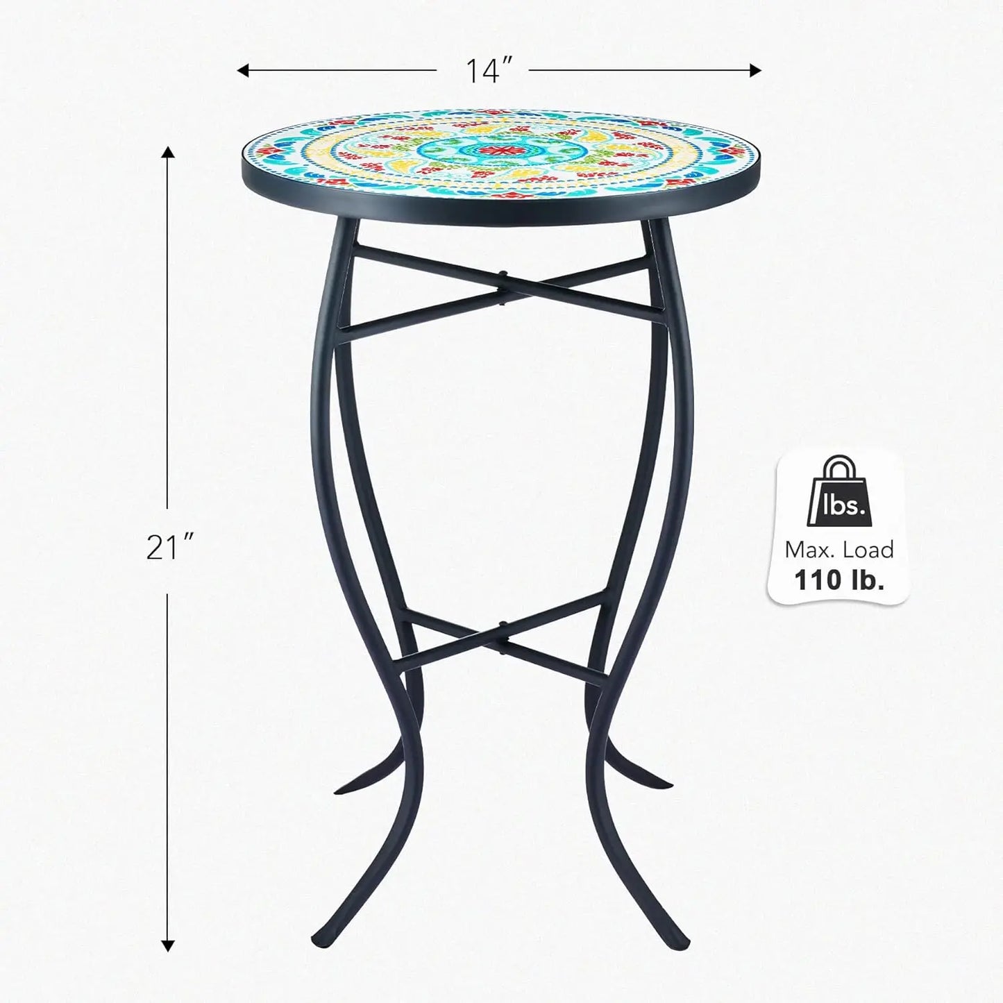 21" Mosaic Plant Stand, 14 Inch Round Side Table with Ceramic Tile Top, Indoor and Outdoor Accent Table