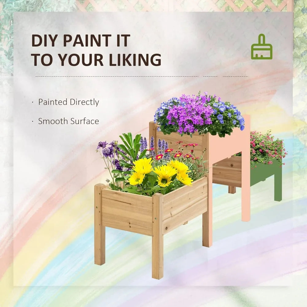 Outsunny Raised Garden Bed with 3 Planter Box, Elevated Wooden Plant Stand with Drainage Holes, for Vegetables, Herb and Flowers