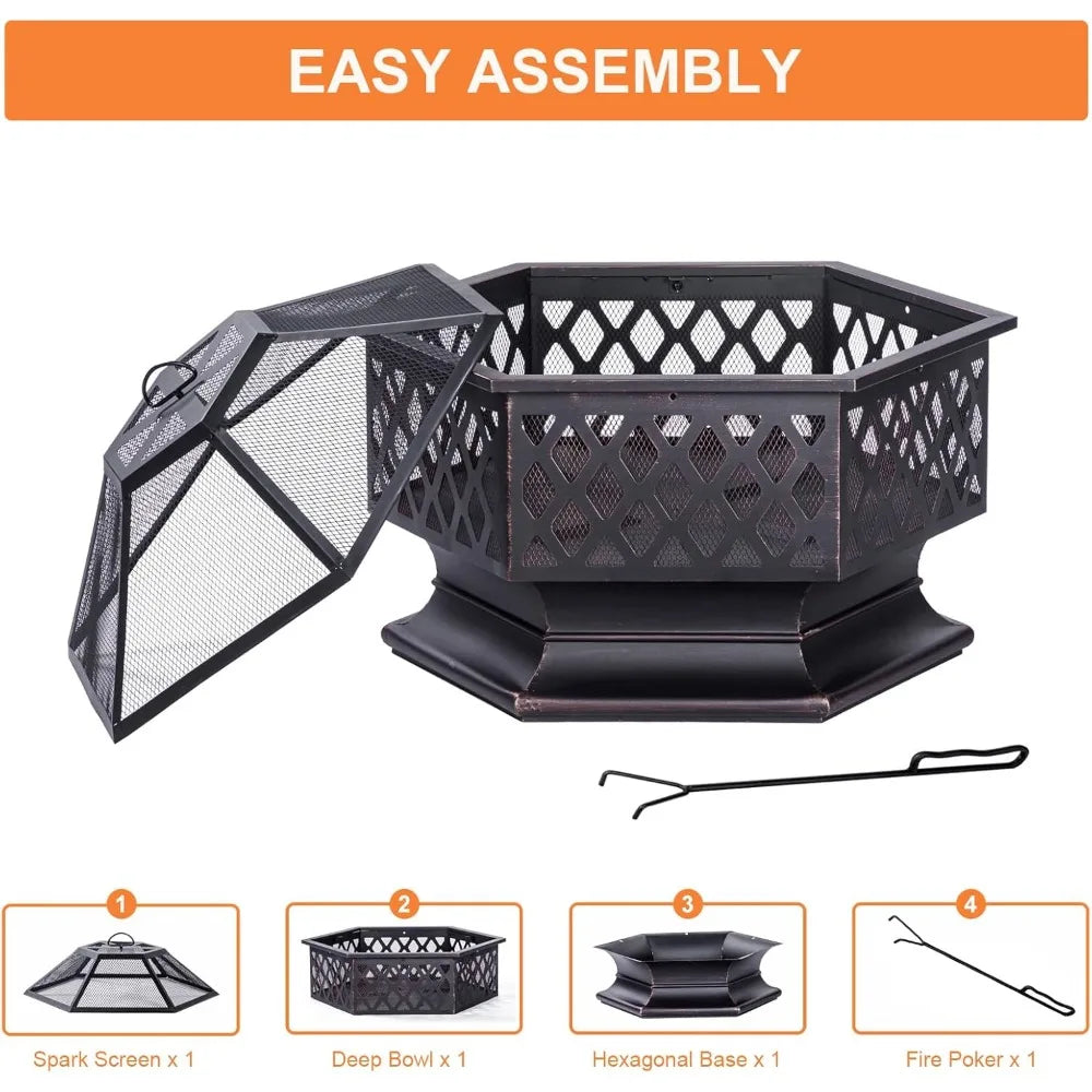Outdoor Fire Pit, Hexagon Shaped Wood Burning Firepit for Outside Bonfire, Patio, Backyard and Camping (Antique Bronze, 33 Inch)
