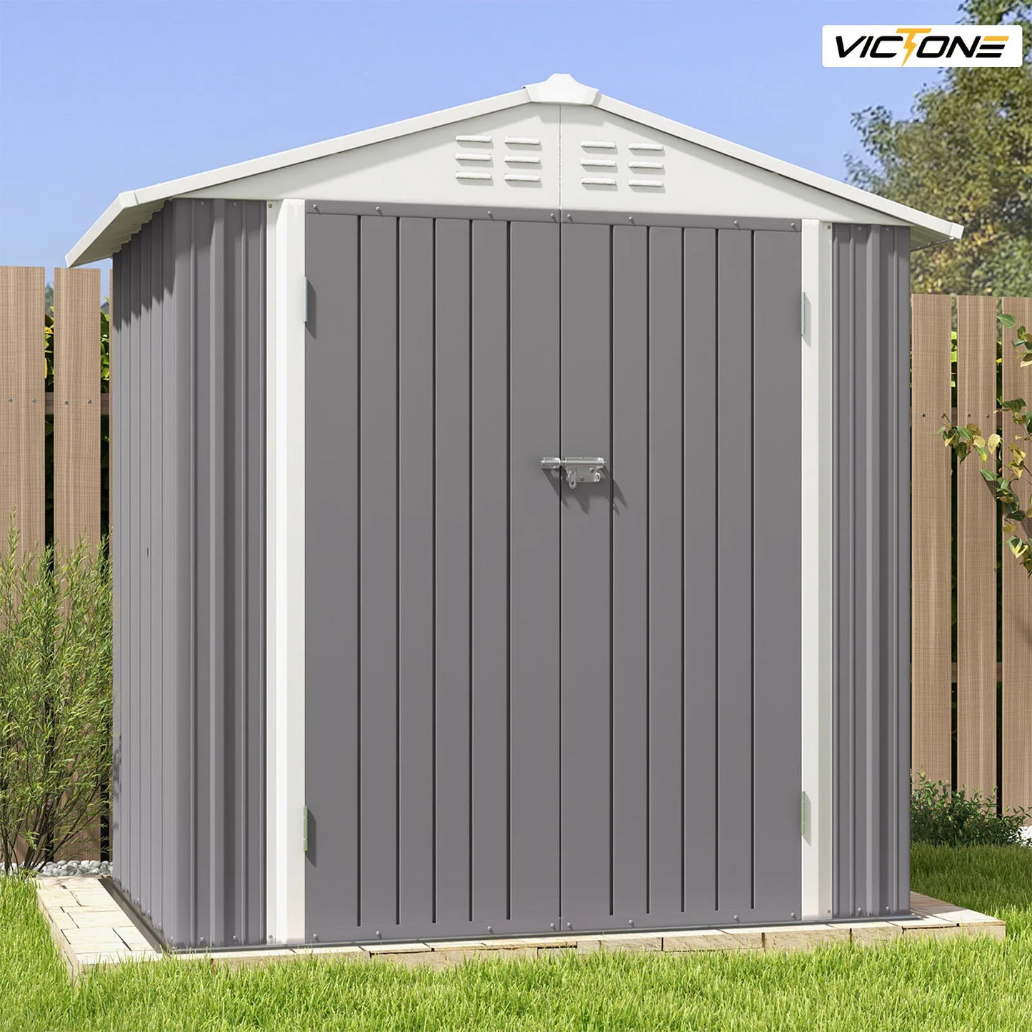 Victone 6' x 4' Metal Outdoor Storage Shed, Steel Utility Tool Shed Storage House with Door & Lock for Backyard Garden, Grey