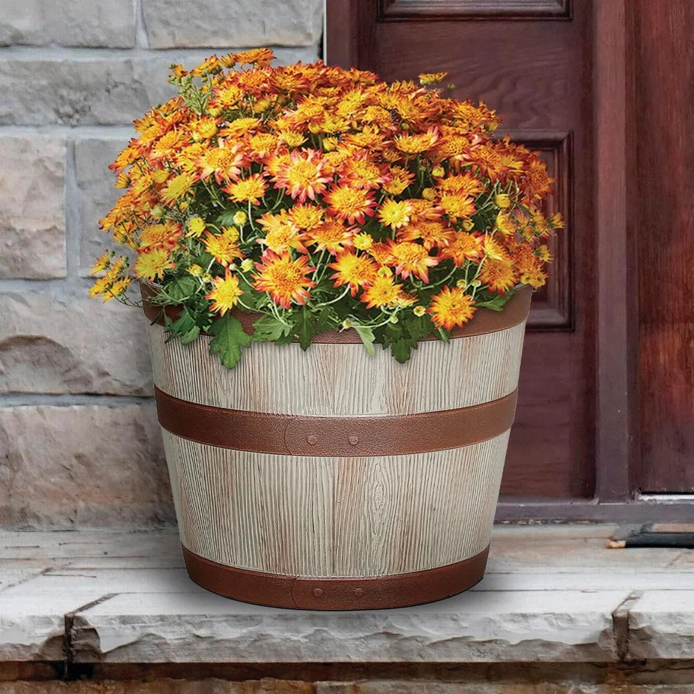Whiskey Barrel Resin Planter Durable Indoor Outdoor Round Pot with Drainage Holes Frost Resistant Lightweight Easy Care