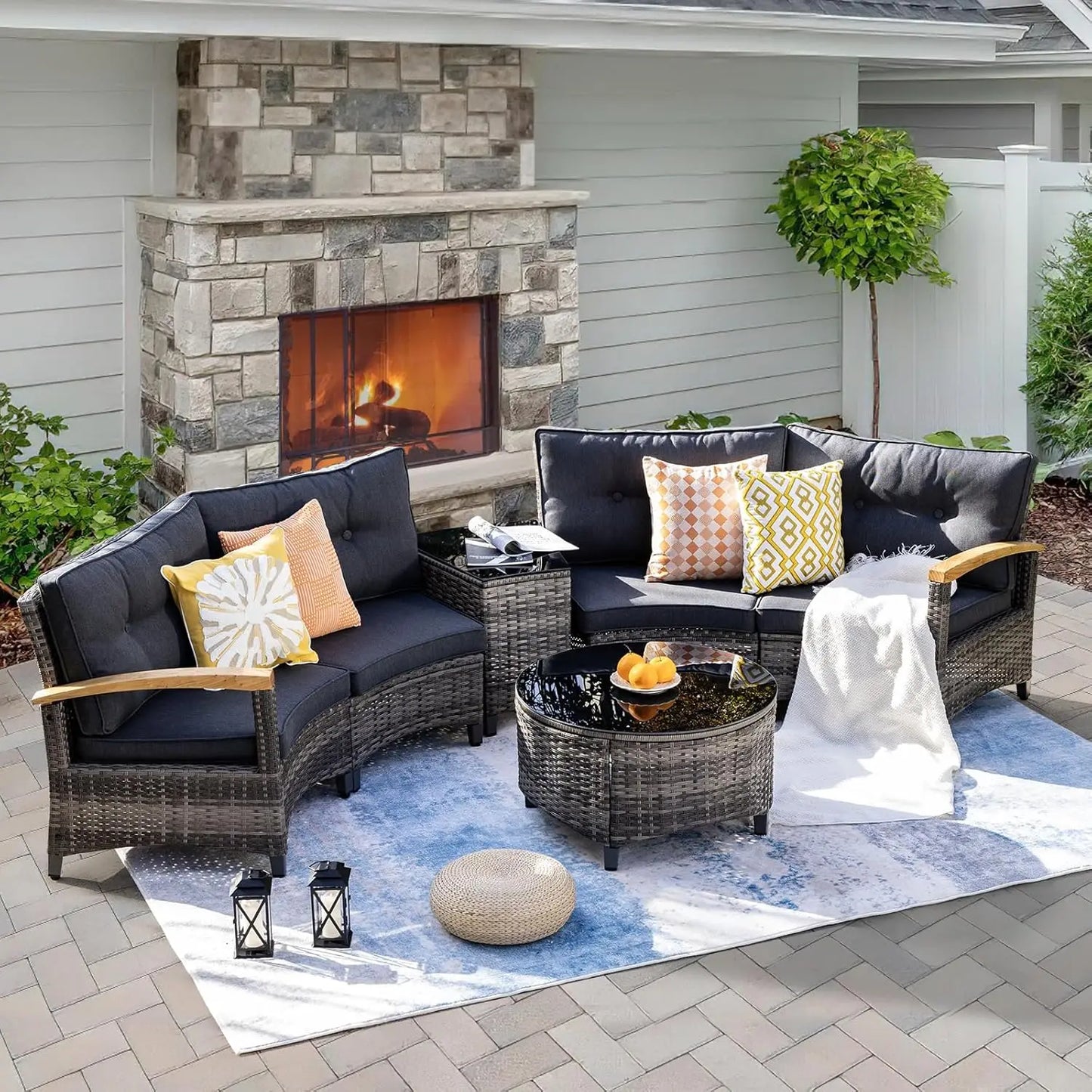 Multi-piece Outdoor Patio Furniture Sets, Half Moon Curving Part of The Sofa Rattan Patio Conversation Sets