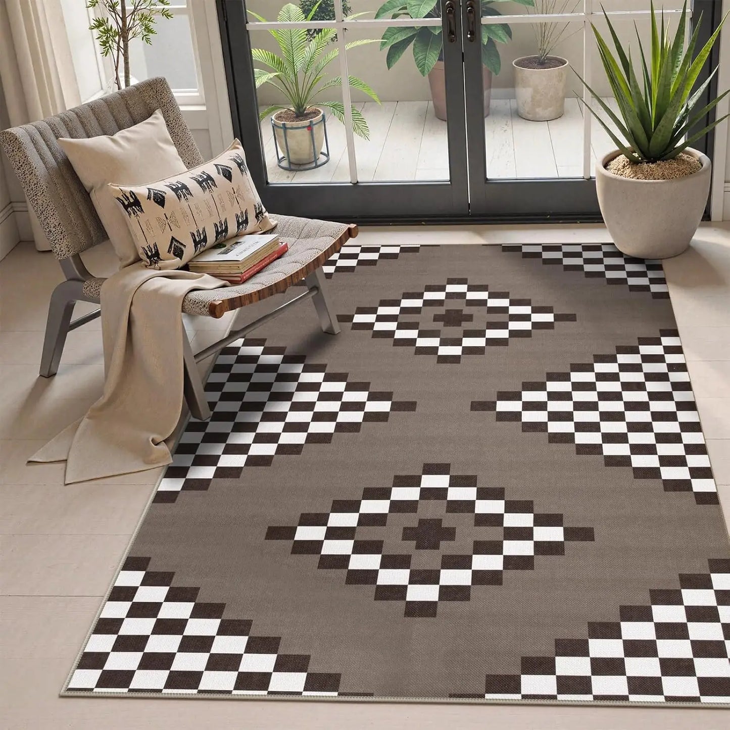 Checkered Easy Jute 3x5 Outdoor Patio Rug, Washable Rugs, Farmhouse Neutral Non Slip Black Door Carpet for Backyard Bedroom, Rug