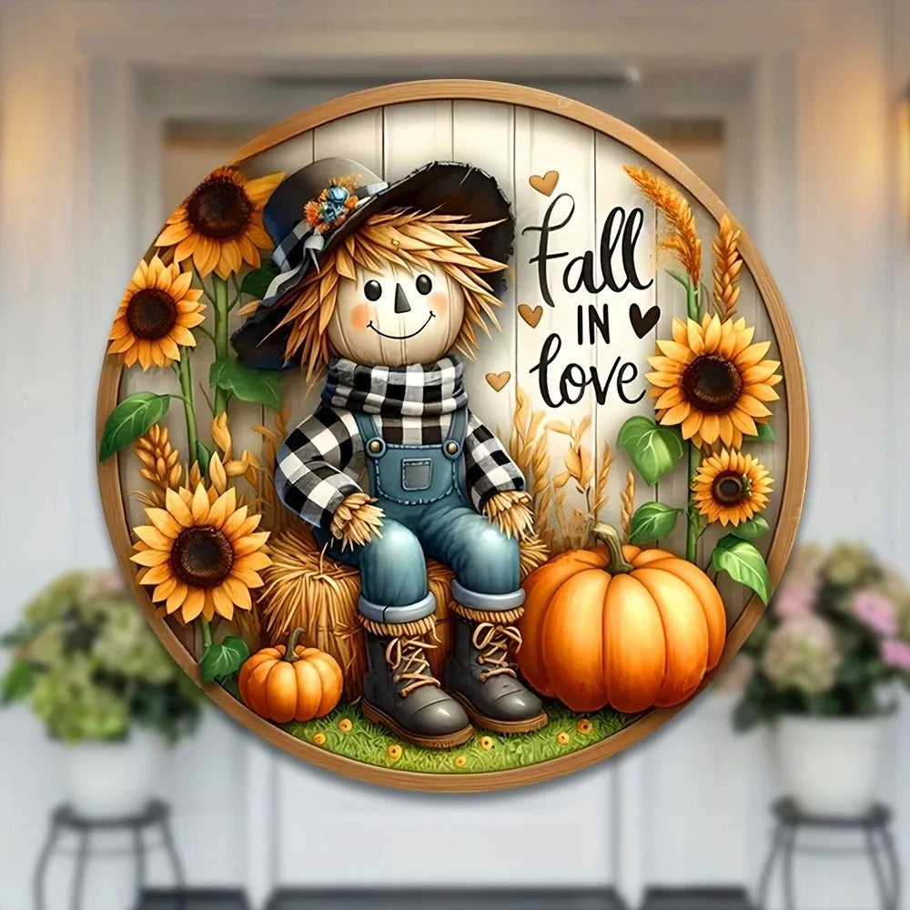 Tin Painting - Charming Scarecrow & Fall Harvest 7.9"X7.9" Sign | Round Wreath Centerpiece for Door & Wall | Ideal Home Decor