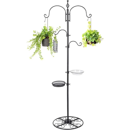 Black Iron Shepherd Hook with Base for Plant Hanging, Wind Chime & Bird Feeder - Outdoo