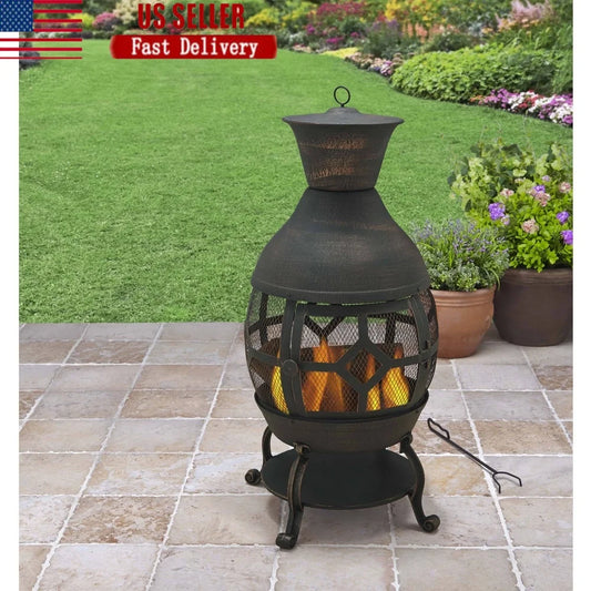 Wood Burning Cast Iron Chiminea Outdoor Fireplace with Mesh Cover 360 Degree Fire View includes Poker and Protective Cover