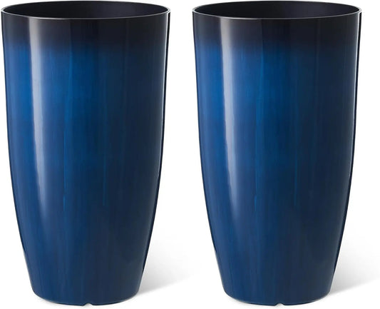 Oversized Tall Round Tapered Planter, Set of 2 Large Gradient Cobalt Blue Faux Ceramic Tall Planters Pots,