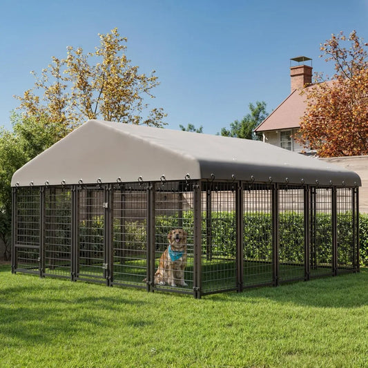 Dog Kennel 10X10FT Outside Heavy-Duty Outdoor Dog Cage with Roof and Double Lock - Spacious, Dog Crate for Pets with Feeding