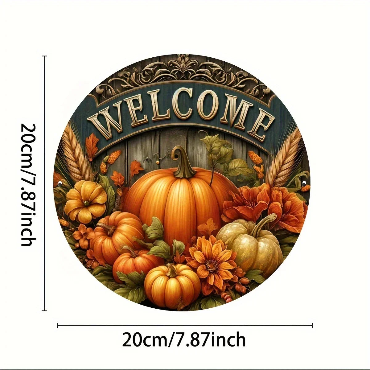 Tin Painting - 8" Round Metal Sign Welcome | Fall Harvest Festival & Thanksgiving Decor | Ideal for Home & Cafe Decorating