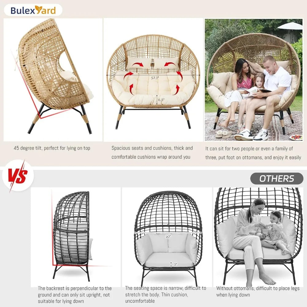 Double Egg Chair Indoor Outdoor 680lbs, 2 Person Brown Wicker Oversized Stationary Egg Chair with Beige Thick Cushion, Patio Wi