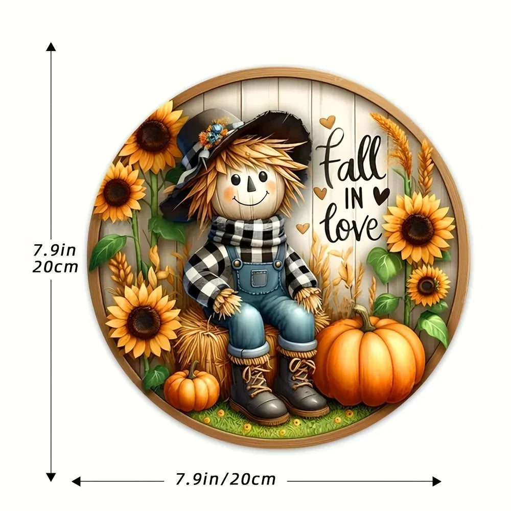 Tin Painting - Charming Scarecrow & Fall Harvest 7.9"X7.9" Sign | Round Wreath Centerpiece for Door & Wall | Ideal Home Decor
