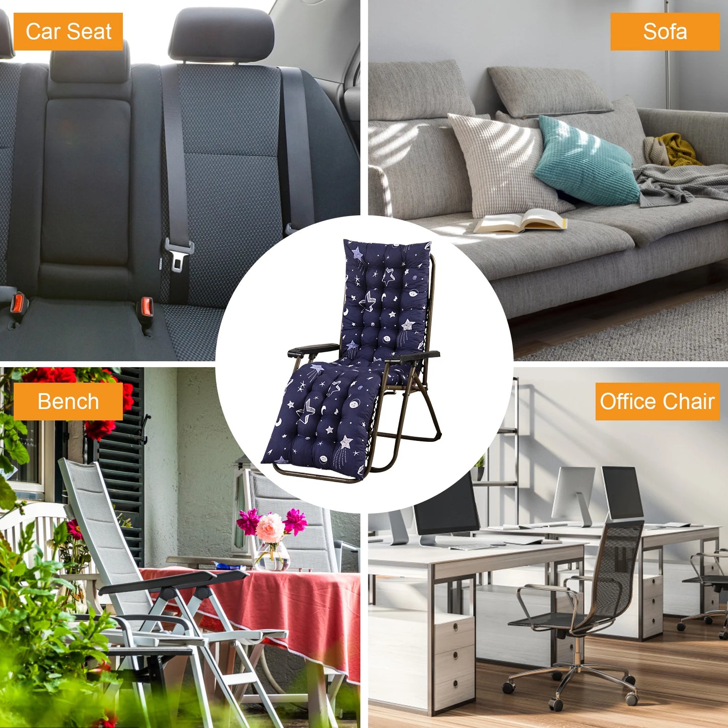 53*155cm Patio Chaise Lounger Cushions Indoor/Outdoor Recliner Soft Back Cushion Rocking Chair Sofa Cushion with 6 Ties