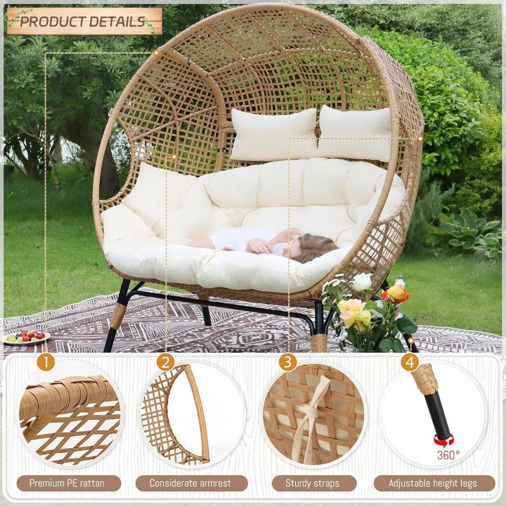 Double Egg Chair Indoor Outdoor 680lbs, 2 Person Brown Wicker Oversized Stationary Egg Chair with Beige Thick Cushion, Patio Wi