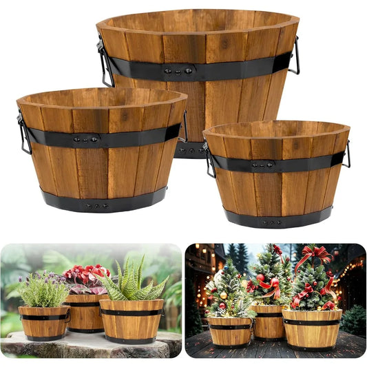 Set of 3, with Ergonomic Handles, Drainage Holes, Multiple Sizes Wood Bucket Planter Light Brown, Flower Pots
