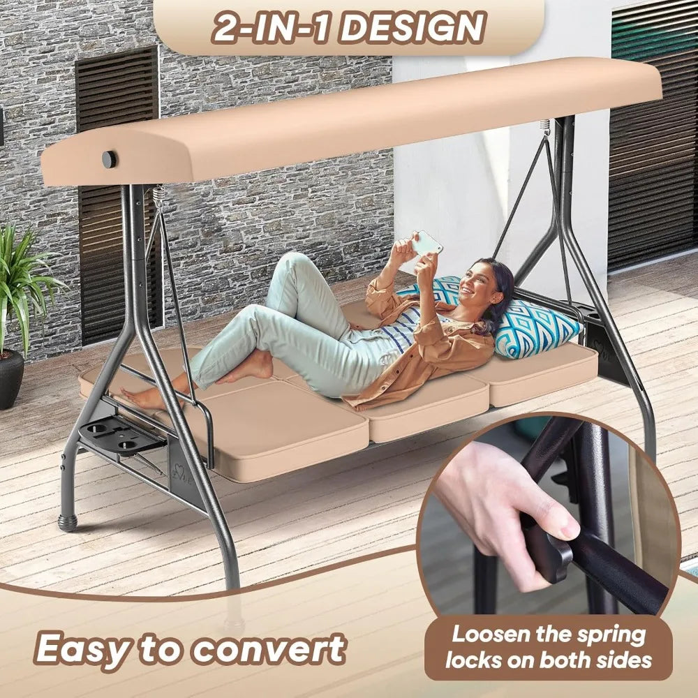 3 Seat Outdoor Porch Patio Swing 800lbs 2-in-1 Patio Swing Glider Chair with Adjustable Canopy & Removable Cushion Outdoor Adult