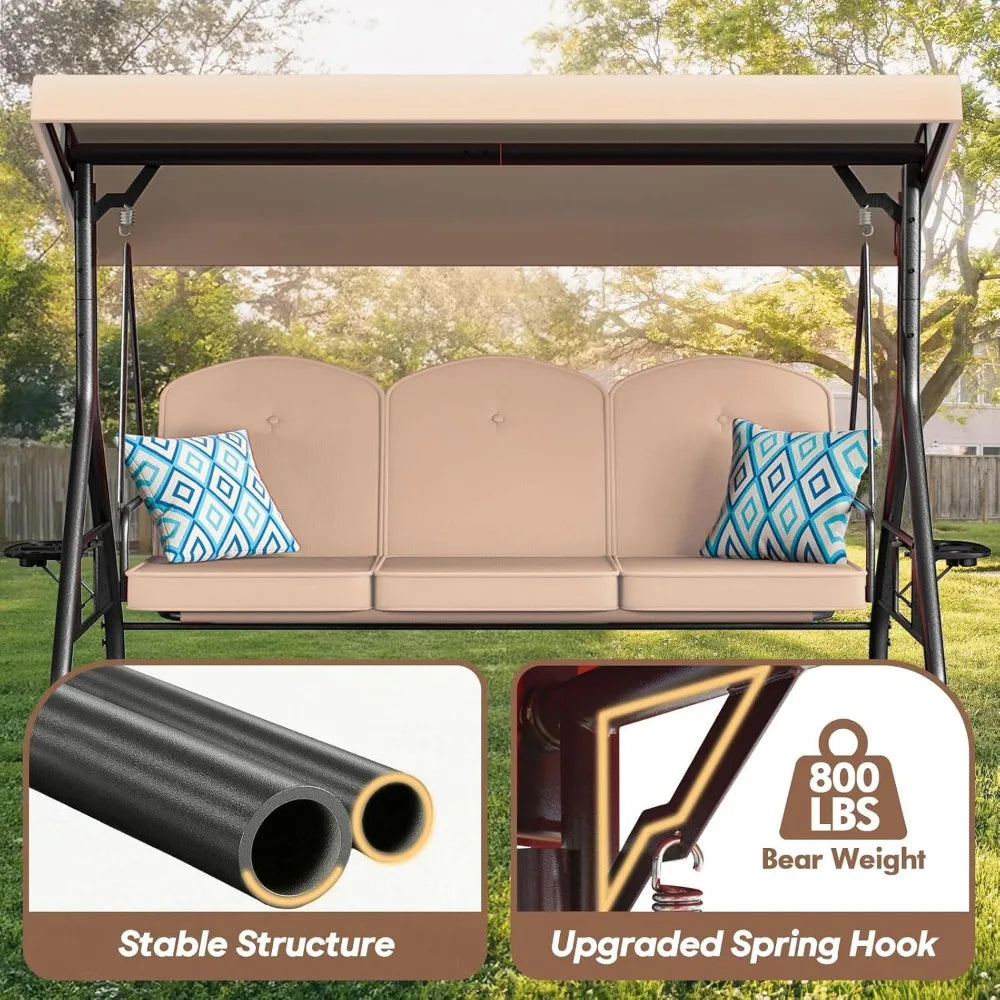 3 Seat Outdoor Porch Patio Swing 800lbs 2-in-1 Patio Swing Glider Chair with Adjustable Canopy & Removable Cushion Outdoor Adult