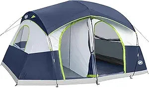 UNP Camping Tent 8/9 Person, Family Camping Tent, 5 Large Ventilation Mesh Windows, 14'x14'x78 inches Tall with Dividers Curtain