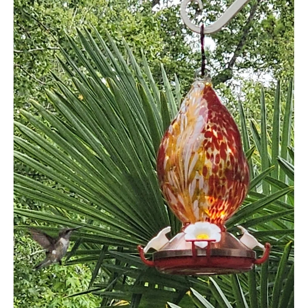 Hand-Blown Glass Hummingbird Feeder Unique Red Swirl Design Copper Base Durable Leak-Proof Easy Clean Garden Decor Gift