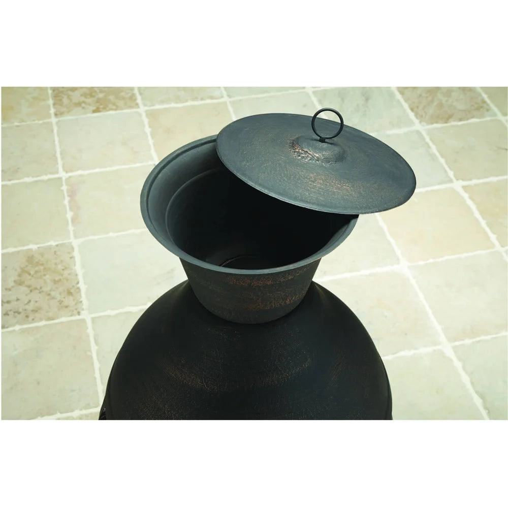 Wood Burning Cast Iron Chiminea Outdoor Fireplace with Mesh Cover 360 Degree Fire View includes Poker and Protective Cover
