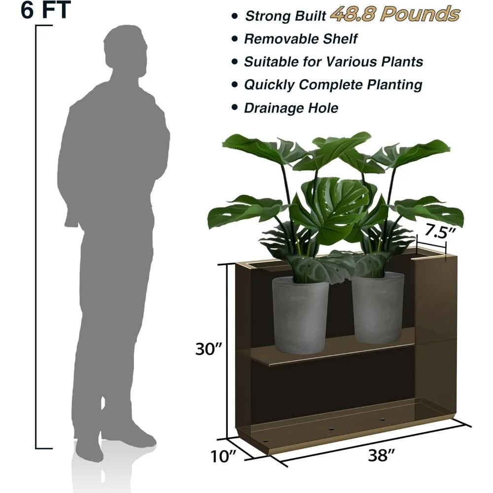 Metallic Heavy Planter for Outdoor Plants, 38Lx10Wx30H Inches Tall and Long Metal Divider Planter Box, Outdoor Planter