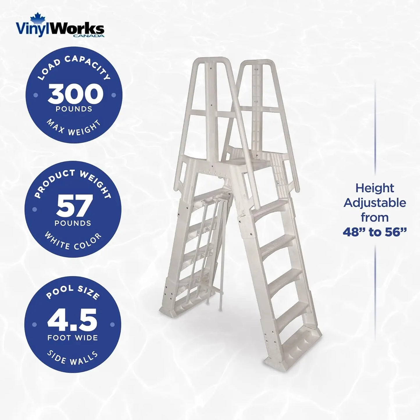 SLA A-Frame 48 to 56 Inch Adjustable Above Ground Swimming Pool Ladder Entry System with Slide Lock Barrier and Handrails, White