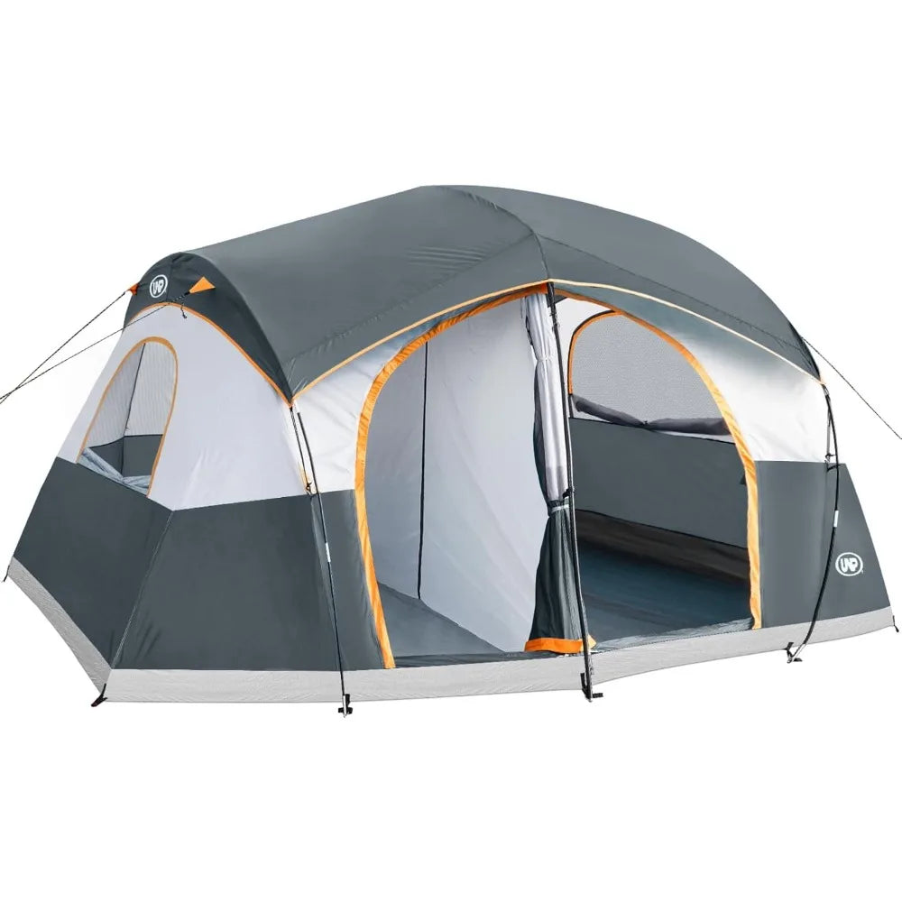 UNP Camping Tent 8/9 Person, Family Camping Tent, 5 Large Ventilation Mesh Windows, 14'x14'x78 inches Tall with Dividers Curtain