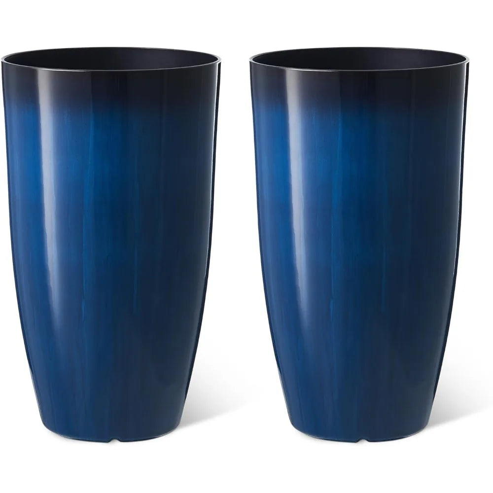 Oversized Tall Round Tapered Planter, Set of 2 Large Gradient Cobalt Blue Faux Ceramic Tall Planters Pots,