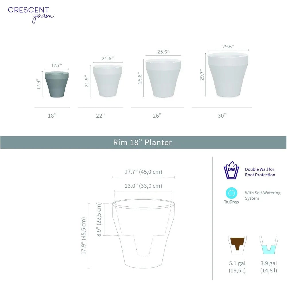 Crescent Garden Rim TruDrop Planter, Self-Watering Plant Pot, 18-Inch (Caviar Black)