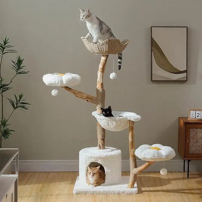 Modern Cat Tree for Large Cats, Wood Cat Tower for Indoor Cats, Real Branch Luxury Cat Furniture with Super Large Cozy Condo