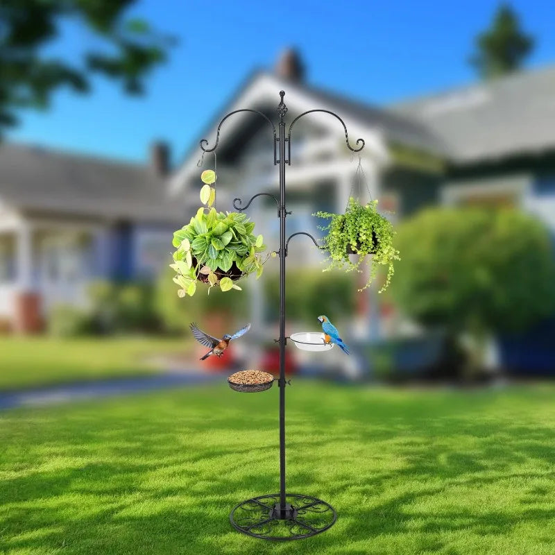 Black Iron Shepherd Hook with Base for Plant Hanging, Wind Chime & Bird Feeder - Outdoo
