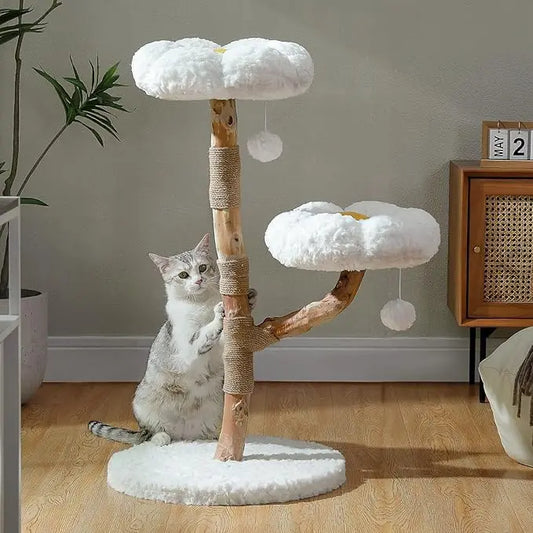 Modern Cat Tree for Large Cats, Wood Cat Tower for Indoor Cats, Real Branch Luxury Cat Furniture with Super Large Cozy Condo