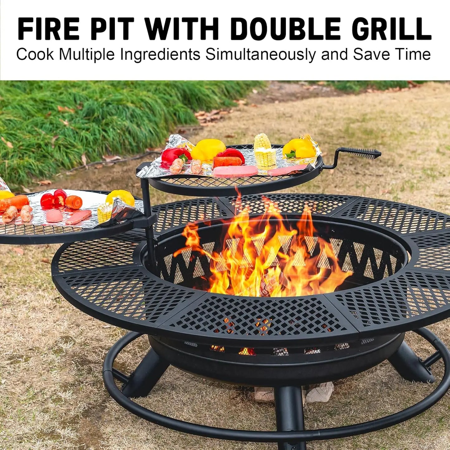 47Inch Fire Pit with 2Grills,Outdoor Extra Large Firepits for Outside,3-in-1 Round Metal Table with Lid for Backyard,Patio,Party