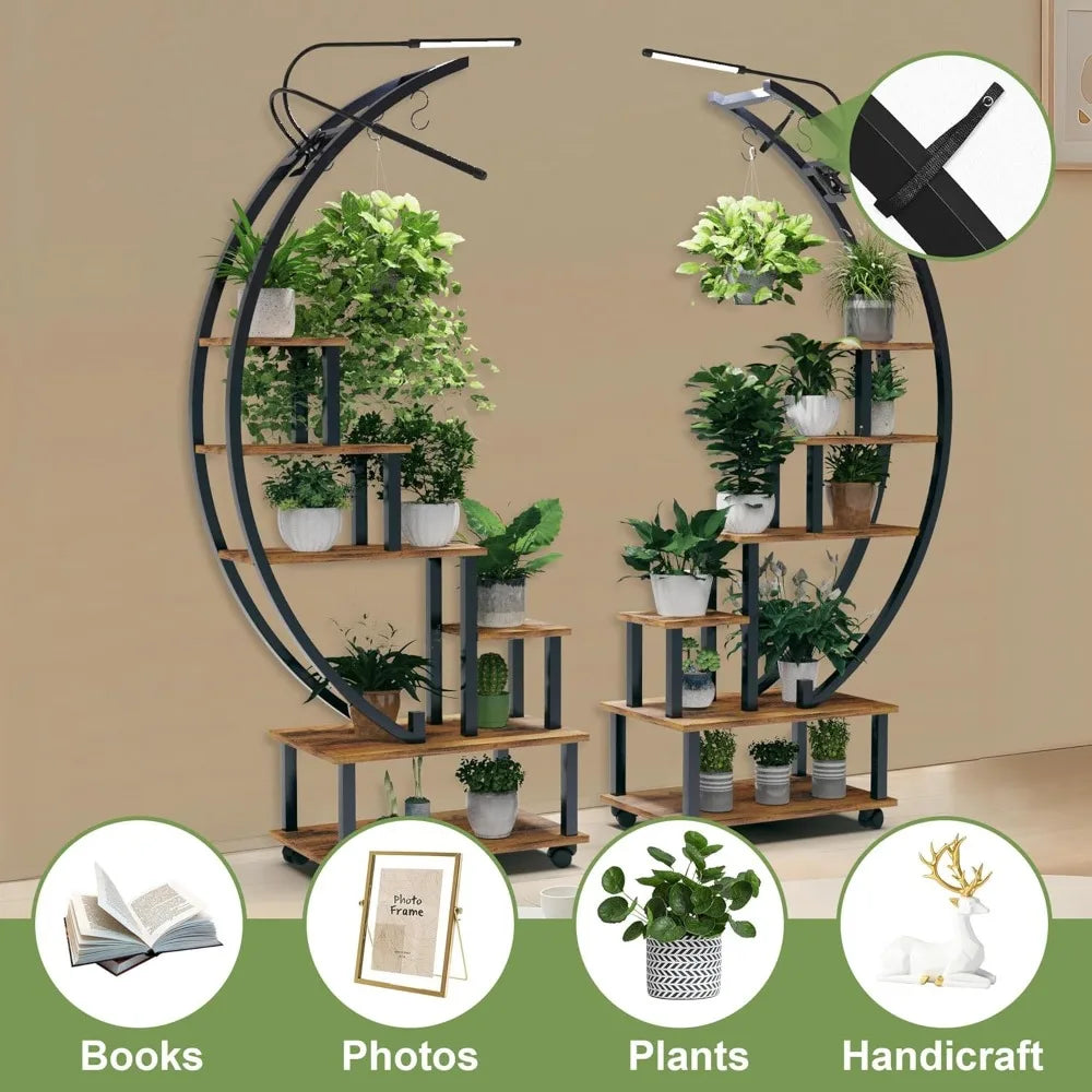Plant Stand with Grow Light, 6 Tier Tall Plant Stand Indoor with 4 Hanging Hooks, Half Moon Shaped Ladder Plant Shelf Display