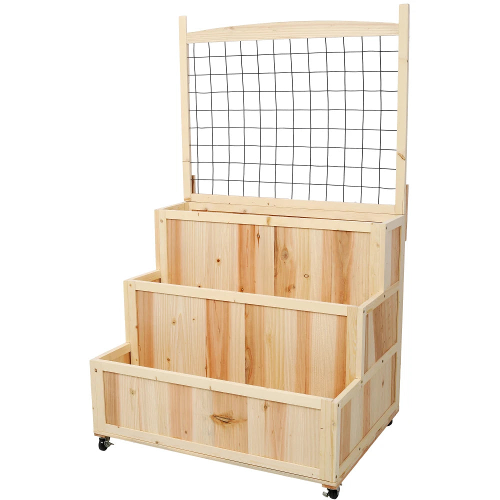 3-Tiers Raised Garden Bed with Trellis, 53" H Vertical Planter Box with Wheels & Back Storage Area, for Flowers, Vegetables