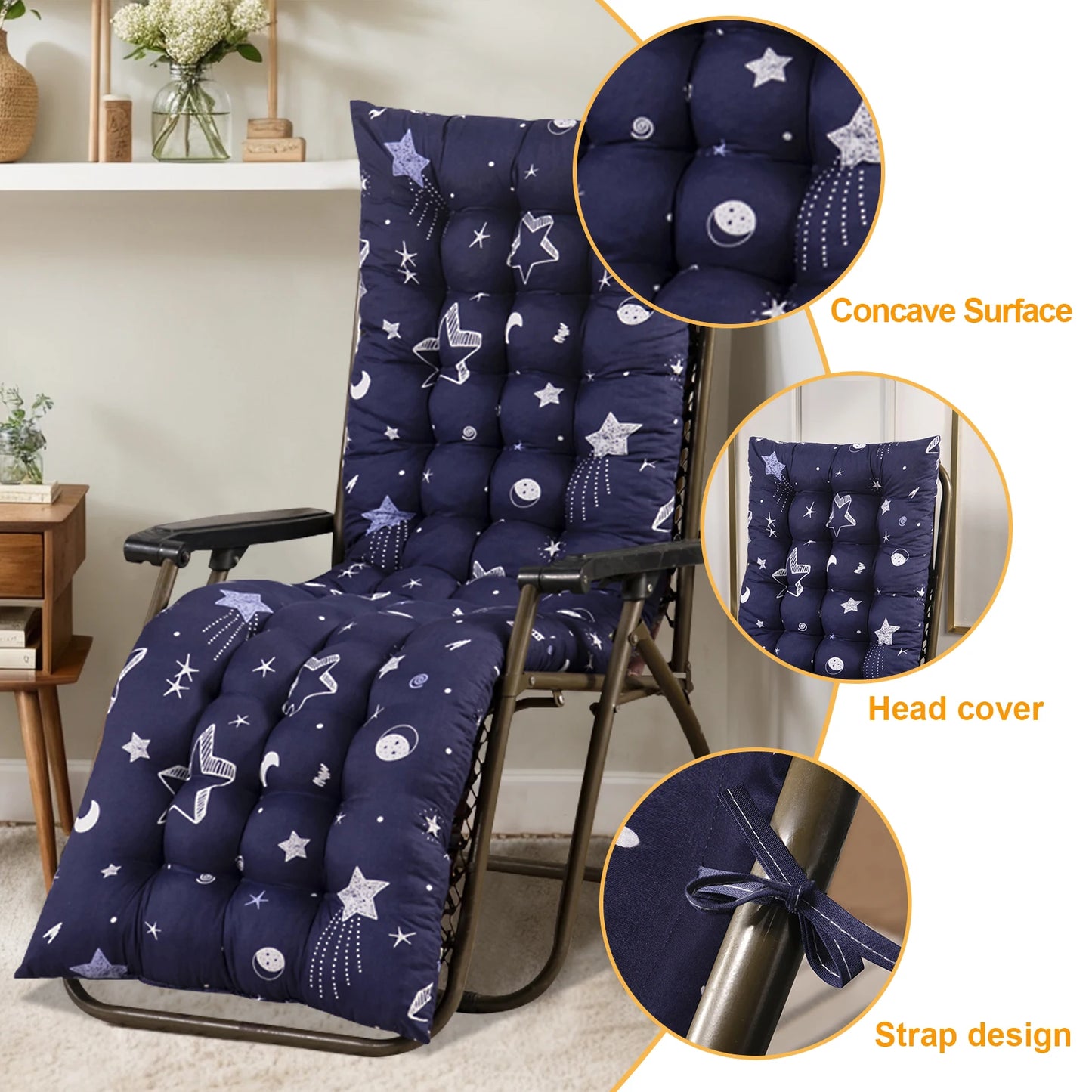 53*155cm Patio Chaise Lounger Cushions Indoor/Outdoor Recliner Soft Back Cushion Rocking Chair Sofa Cushion with 6 Ties