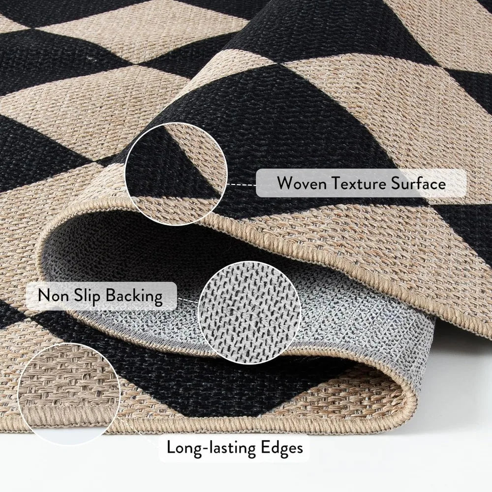 Checkered Easy Jute 3x5 Outdoor Patio Rug, Washable Rugs, Farmhouse Neutral Non Slip Black Door Carpet for Backyard Bedroom, Rug